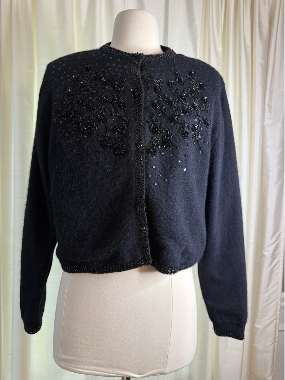Vintage I Did It By Mathew H. Black Beaded Lambswool Angora Sweater Size Large